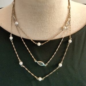 Avon 3 layer silver tone faux pearl and clear stone necklace